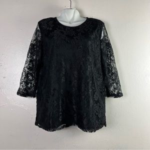 5/$30 Stephanie Thomas women 3/4 sleeve lace floral black‎ blouse size 14